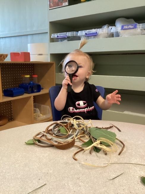 A toddler looking through a magnifying glass